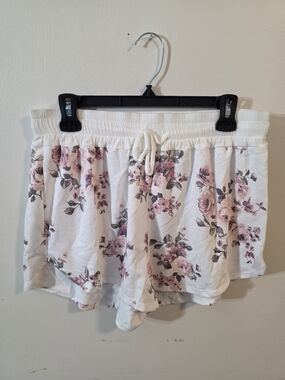 Floral Drawstring Women’s Shorts - White with Pink Roses